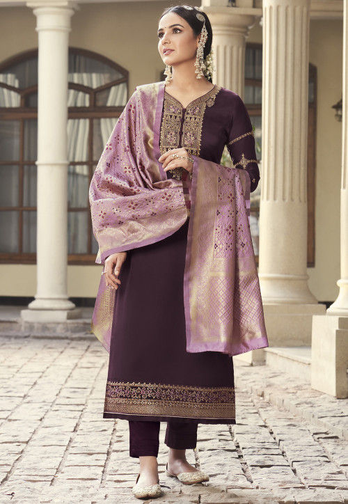 Embroidered Satin Georgette Pakistani Suit in Wine : KCH8141