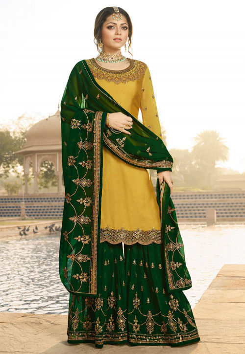 Embroidered Satin Georgette Pakistani Suit in Yellow : KCH3208