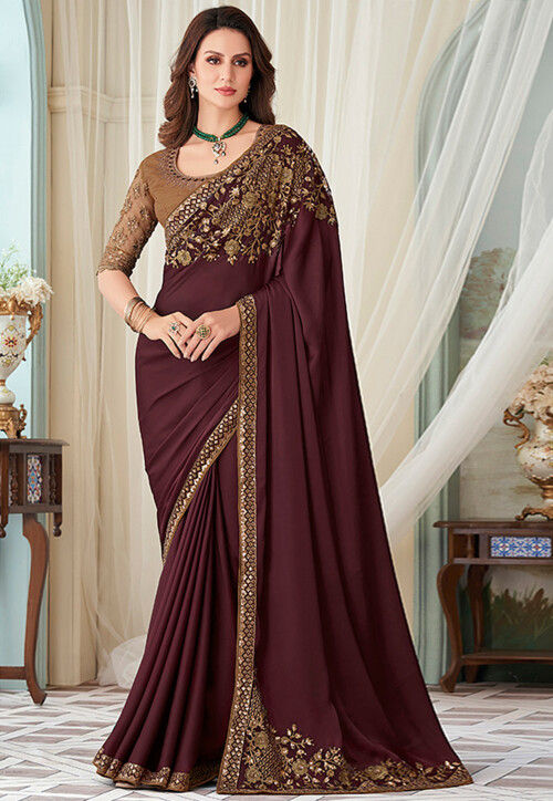 Buy Maroon Georgette Embroidered Contemporary Saree Online : Fastest  Delivery - Saree