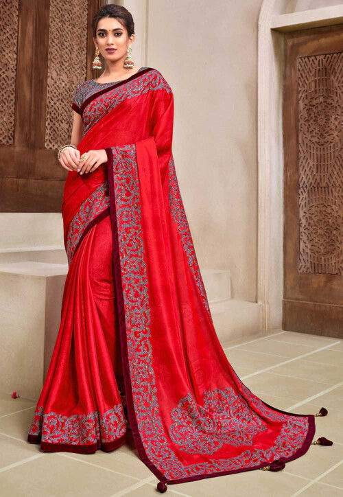 Embroidered Satin Georgette Saree in Red