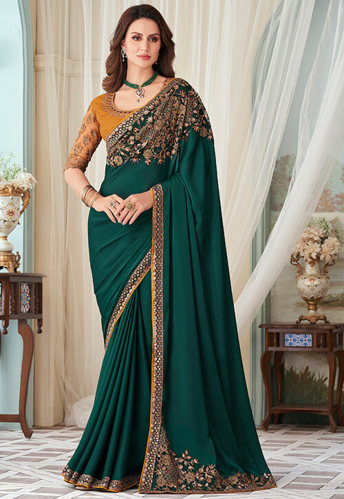 Embroidered Satin Georgette Saree in Teal Green : SSF21175