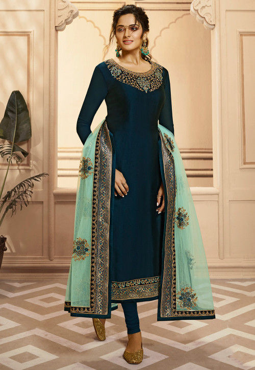Embroidered Satin Georgette Straight Suit in Dark Teal Blue
