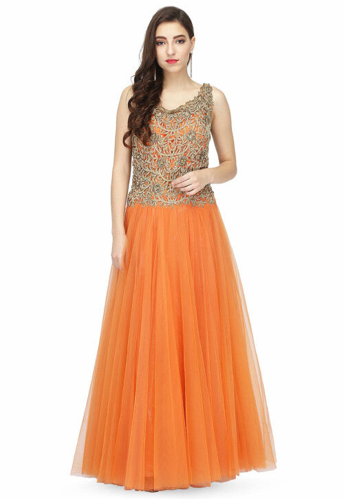 Embroidered Satin Gown in Light Orange and Golden