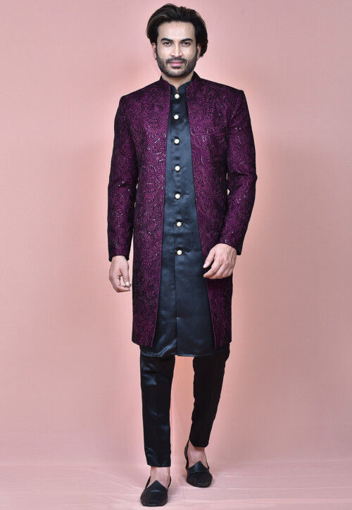 Embroidered Satin Jacket Style Sherwani in Navy Blue and Purple MTX2683