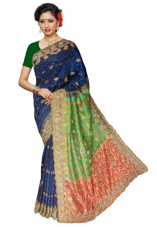 Embroidered Satin Jacquard Saree in Navy Blue