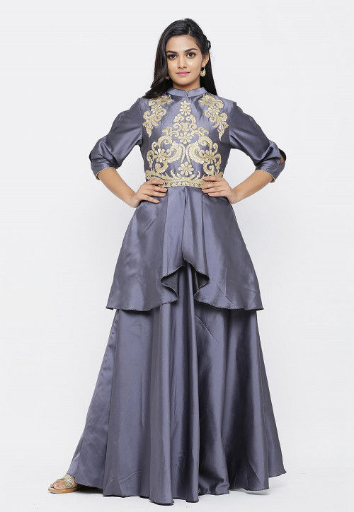 Embroidered Satin Layered Gown in Grey