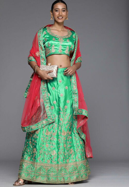Embroidered Satin Lehenga in Green