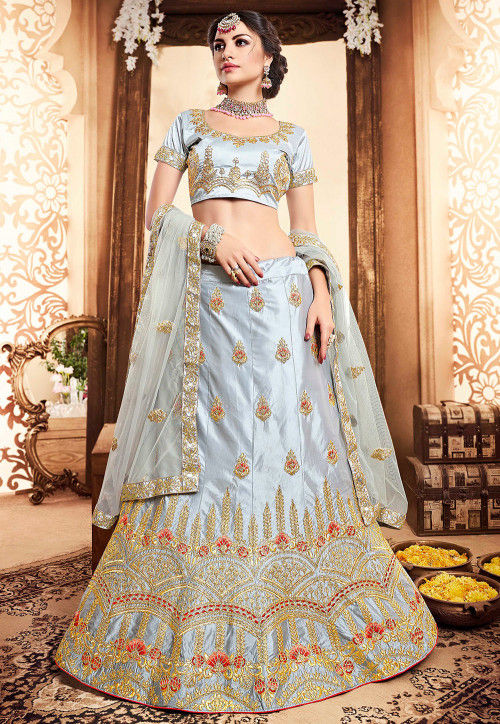 Grey lehenga in brocade silk with yellow raw silk embroidered blouse only  on Kalki | Grey lehenga, Lehenga, Embroidered blouse