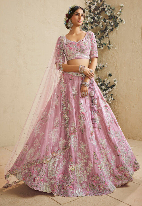 Embroidered Satin Lehenga in Pink