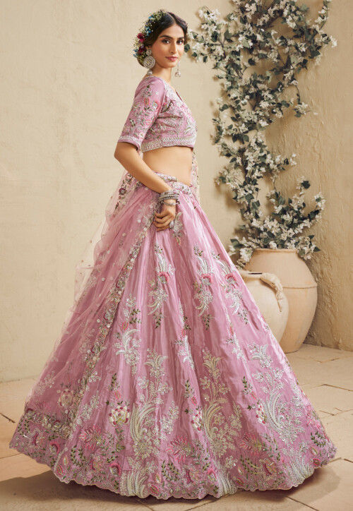 Embroidered Satin Lehenga in Pink