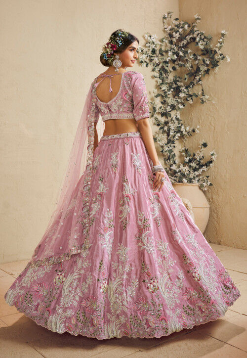 Embroidered Satin Lehenga in Pink