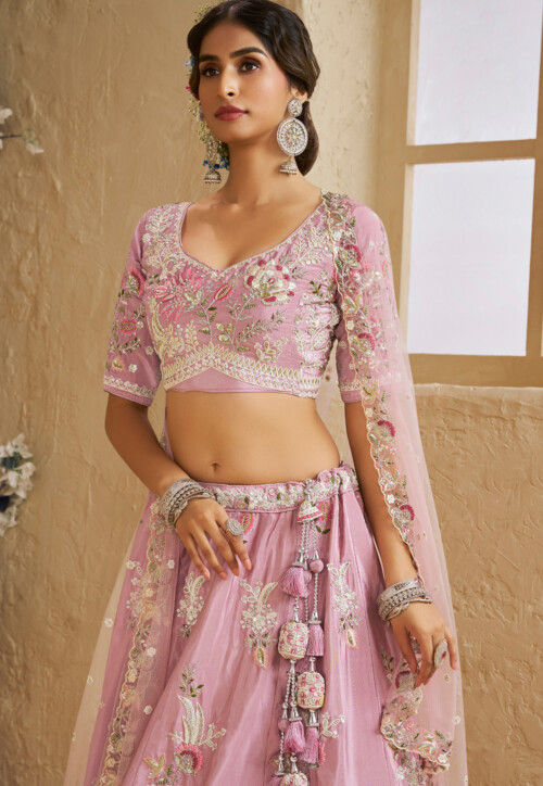 Embroidered Satin Lehenga in Pink