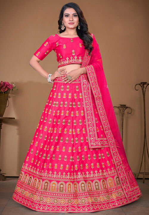 Embroidered Satin Lehenga in Pink