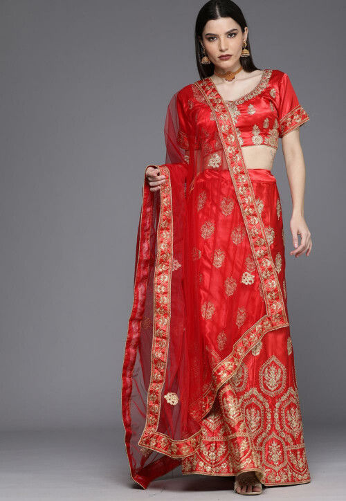 Embroidered Satin Lehenga in Red