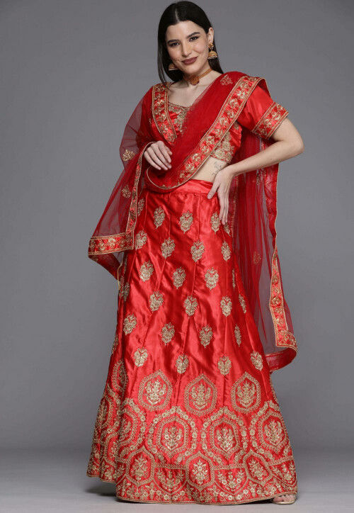 Embroidered Satin Lehenga in Red