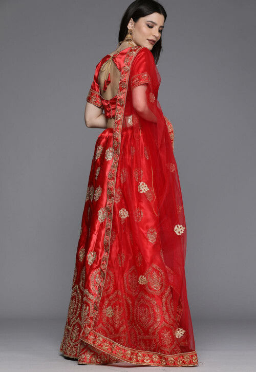 Embroidered Satin Lehenga in Red