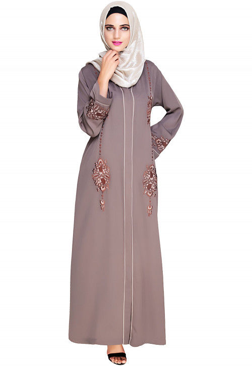 Embroidered Satin Nida Front Open Dubai Style Abaya in Fawn : QTJ704