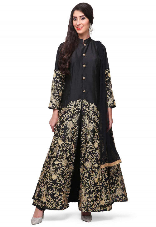 Embroidered Satin Pakistani Suit in Black