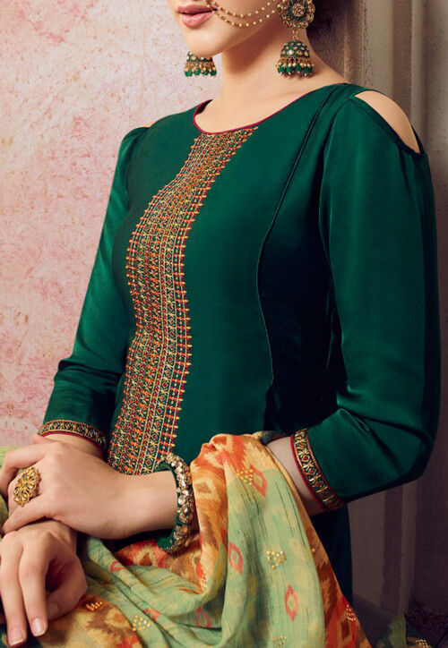 Embroidered Satin Pakistani Suit in Dark Green : KCH8537