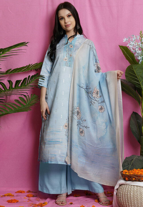 Embroidered Satin Pakistani Suit in Sky Blue