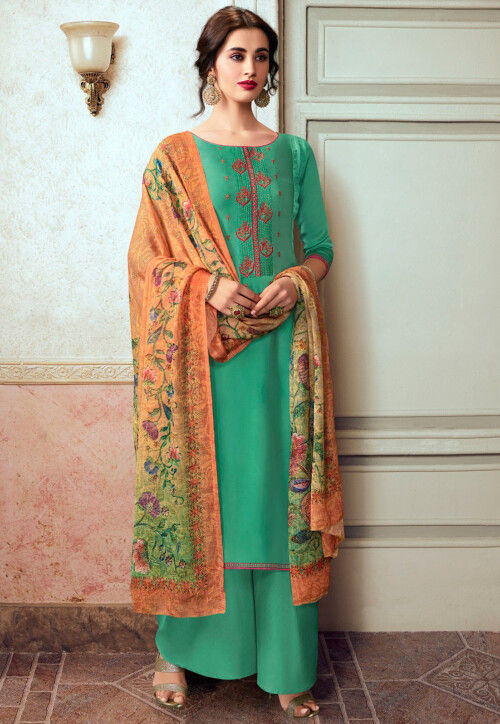 Embroidered Satin Pakistani Suit in Sea Green