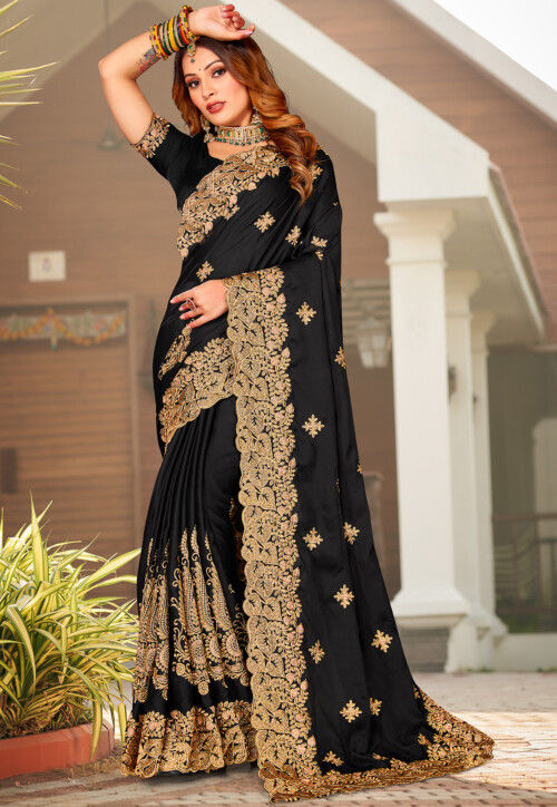 Vintage Women's Solid Satin Saree with Blouse piece Very beautiful Black  Sari | eBay