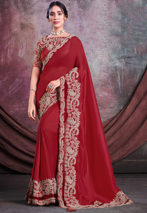 Solid Color Satin Silk Saree in Red : SQX71