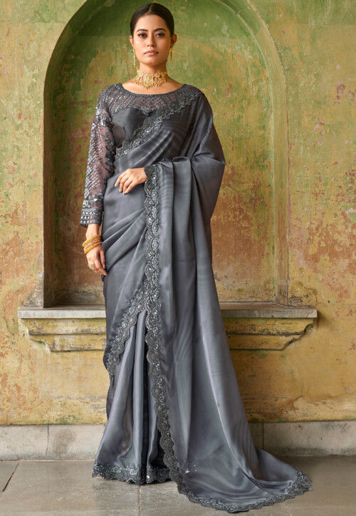 Embroidered Border Satin Saree in Grey