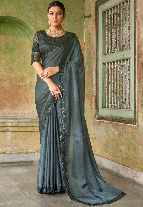 Embroidered Border Satin Saree in Grey