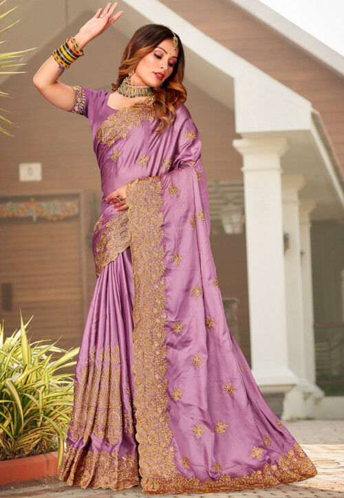 Embroidered Satin Saree in Light Purple