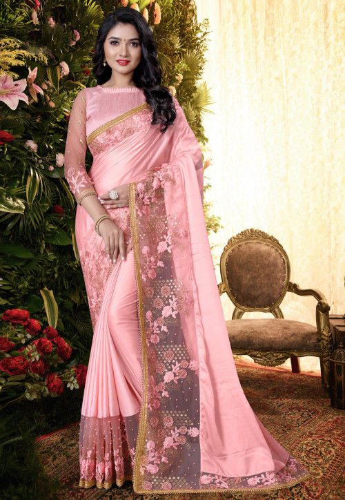 Embroidered Satin Saree in Pink : SCBA1890