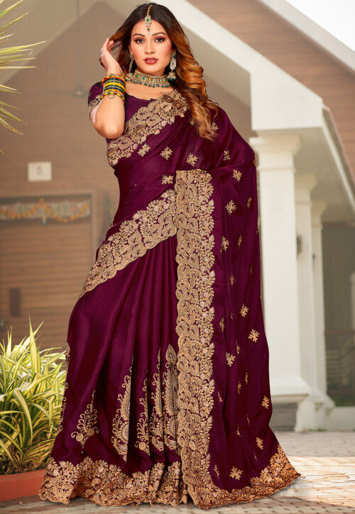 Wine Satin Silk Zari Contemporary Saree