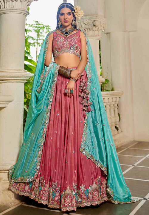 Embroidered Satin Scalloped Lehenga in Dark Pink
