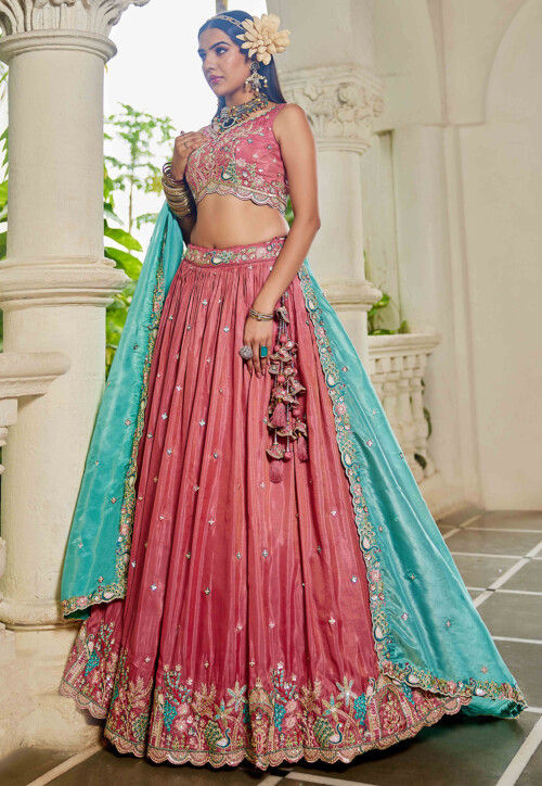 Embroidered Satin Scalloped Lehenga in Dark Pink