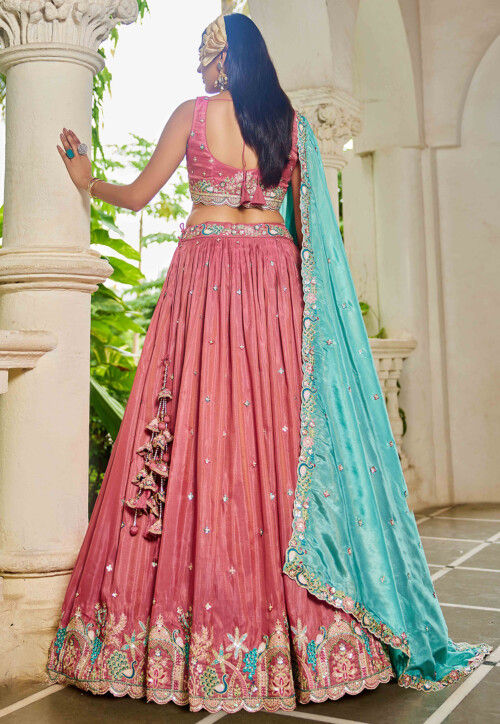 Embroidered Satin Scalloped Lehenga in Dark Pink