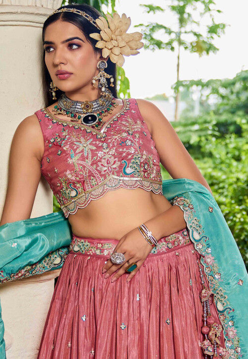 Embroidered Satin Scalloped Lehenga in Dark Pink