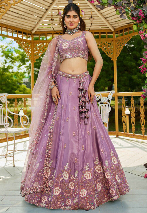 Embroidered Satin Scalloped Lehenga in Light Purple