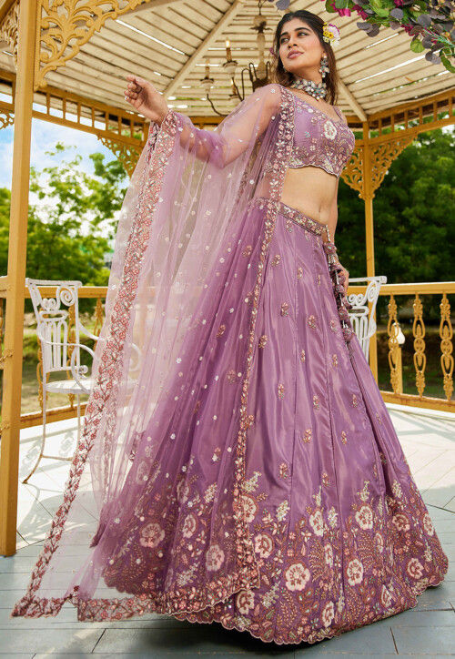 Embroidered Satin Scalloped Lehenga in Light Purple