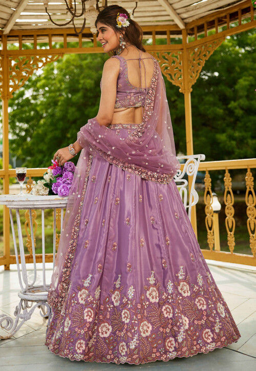 Embroidered Satin Scalloped Lehenga in Light Purple