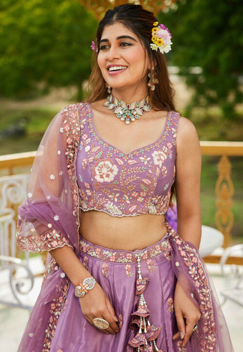 Embroidered Satin Scalloped Lehenga in Light Purple