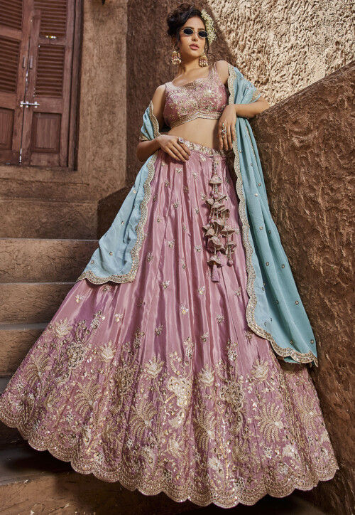 Embroidered Satin Scalloped Lehenga in Pink
