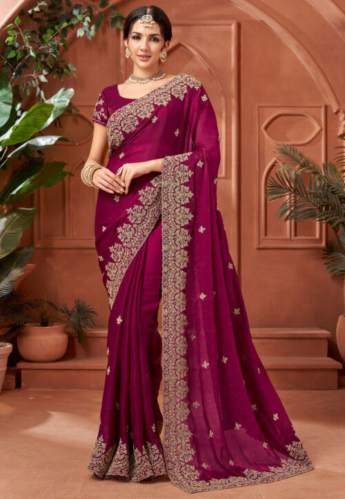 Embroidered Satin Scalloped Saree in Magenta