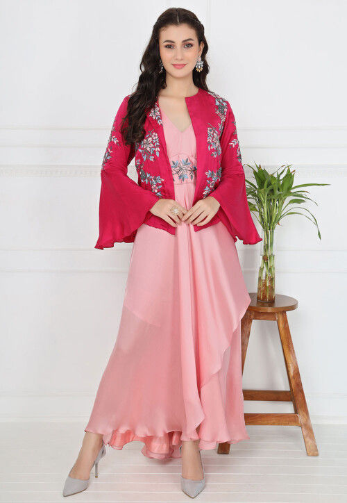 Buy Embroidered Satin Silk Asymmetrical Jacket Dress in Pink ...