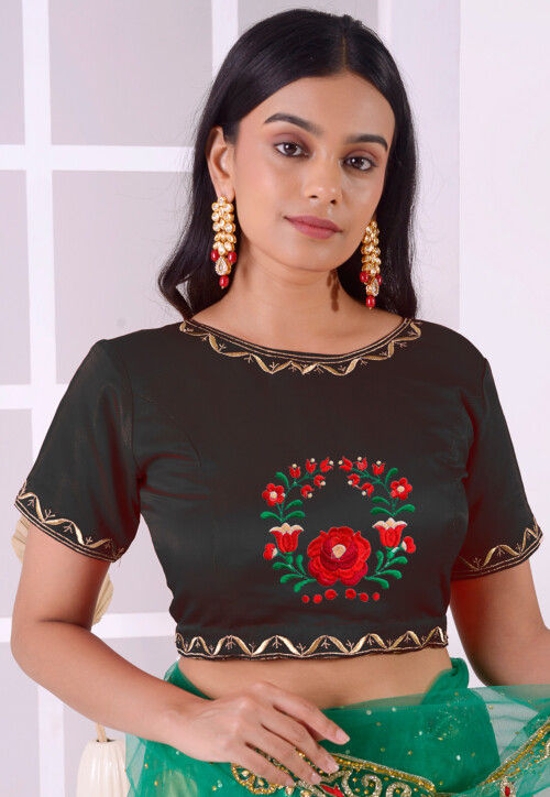 Embroidered Satin Silk Blouse in Black