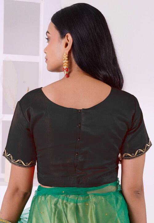 Embroidered Satin Silk Blouse in Black