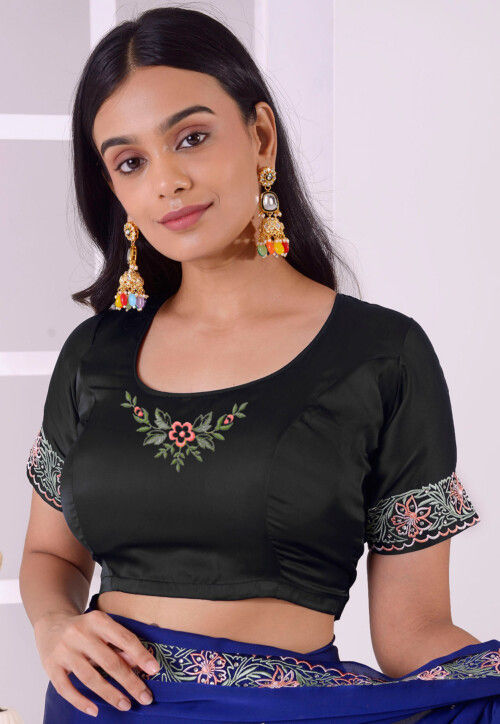 Embroidered Satin Silk Blouse in Black