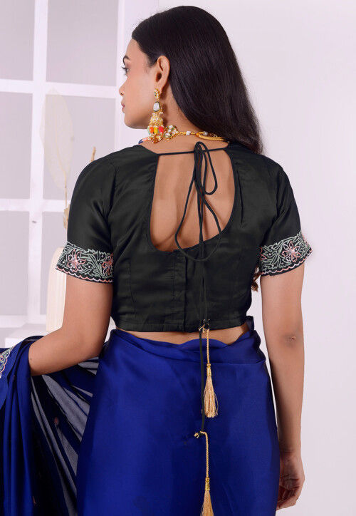 Embroidered Satin Silk Blouse in Black