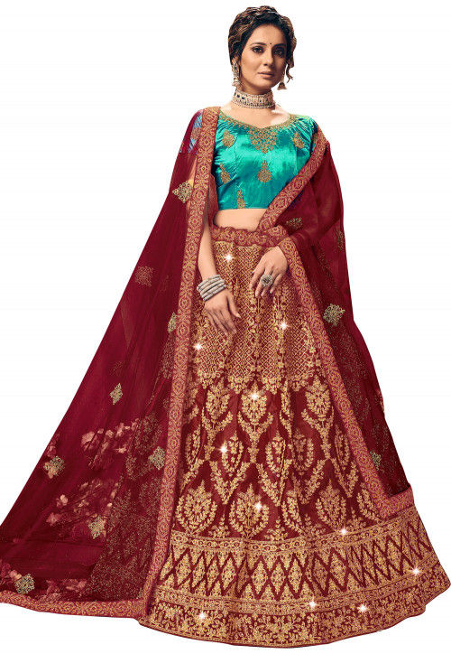 Beige-Maroon Satin Bridal Lehenga Choli with All Over Zari Sequin Work and  Soft Net Dupatta | Exotic India Art