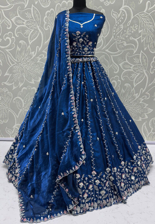 Embroidered Satin Silk Lehenga in Royal Blue