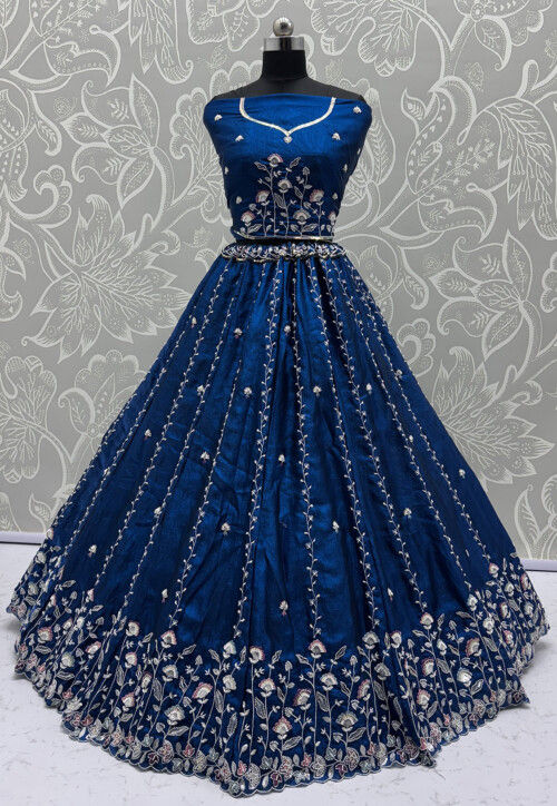 Embroidered Satin Silk Lehenga in Royal Blue